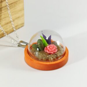 Wood Base Terrarium Necklace - Pink Rose