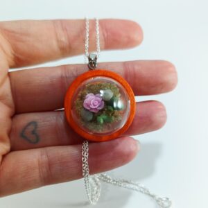 Wood Base Terrarium Necklace - Lavender Rose